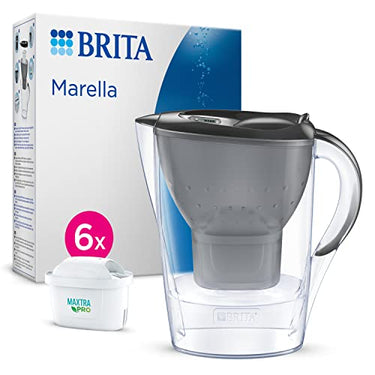 BRITA Wasserfilter Kanne Marella graphit (2,4l) inkl. 6x MAXTRA PRO All-in-1 Kartusche (Halbjahrespaket) – Wasserfilter reduziert Kalk, Chlor, Blei, Kupfer & geschmacksstörende Stoffe im Wasser im Sale